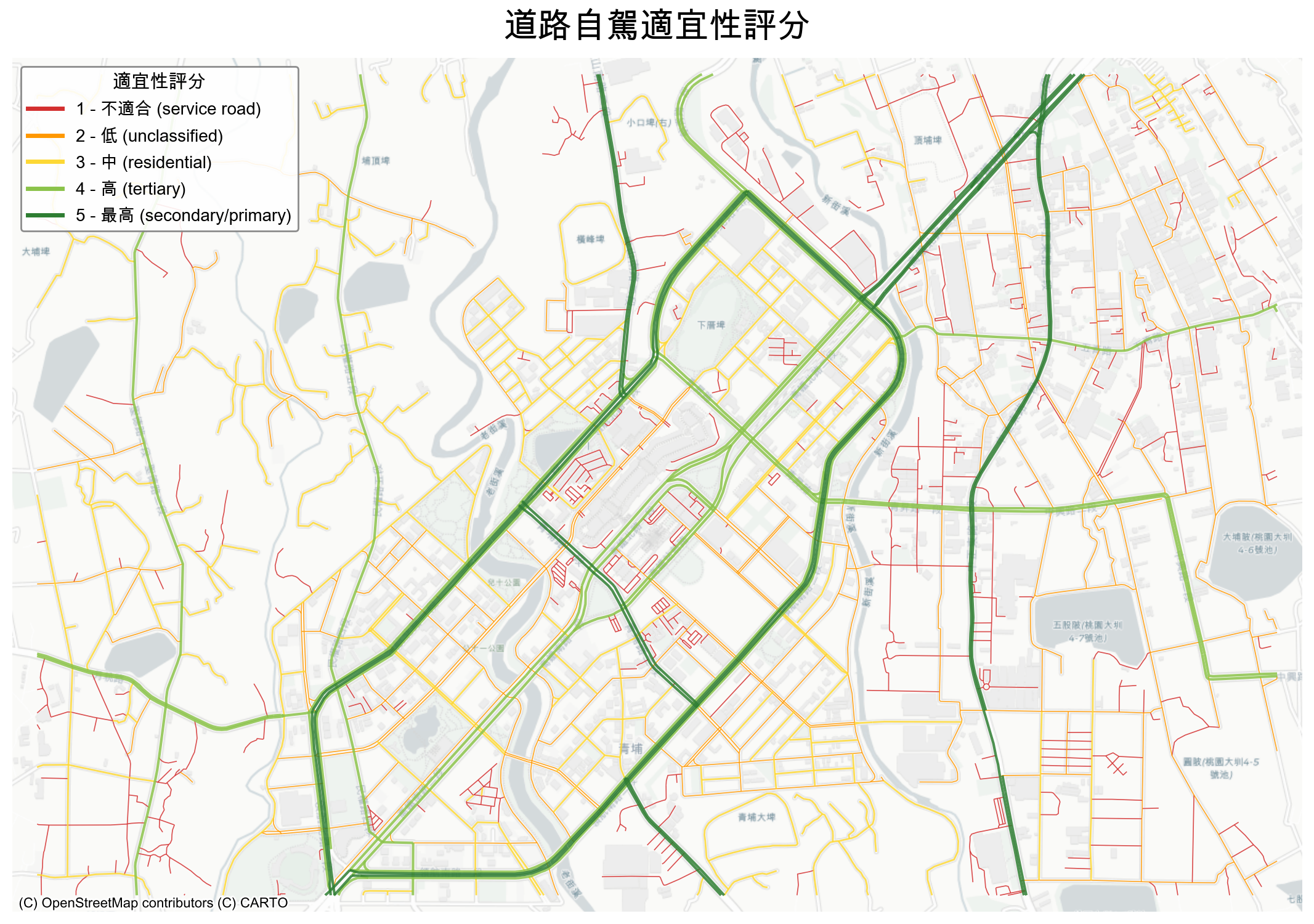道路適宜性評分圖 - 以顏色深淺標示道路適合自駕車行駛的程度