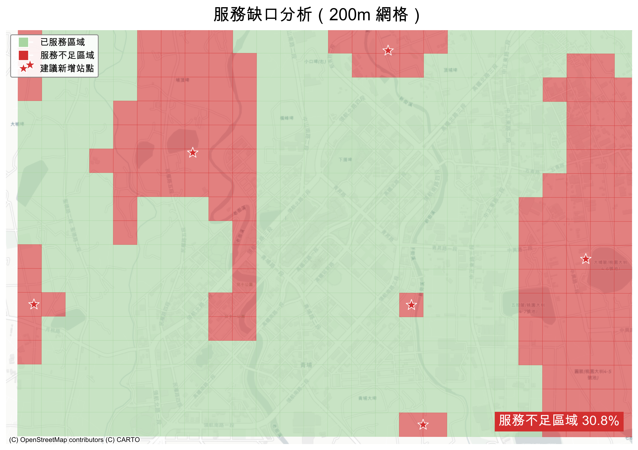 服務缺口分析圖 - 顯示青埔核心區 200m 網格中未被公車站點 400m 緩衝覆蓋的區域