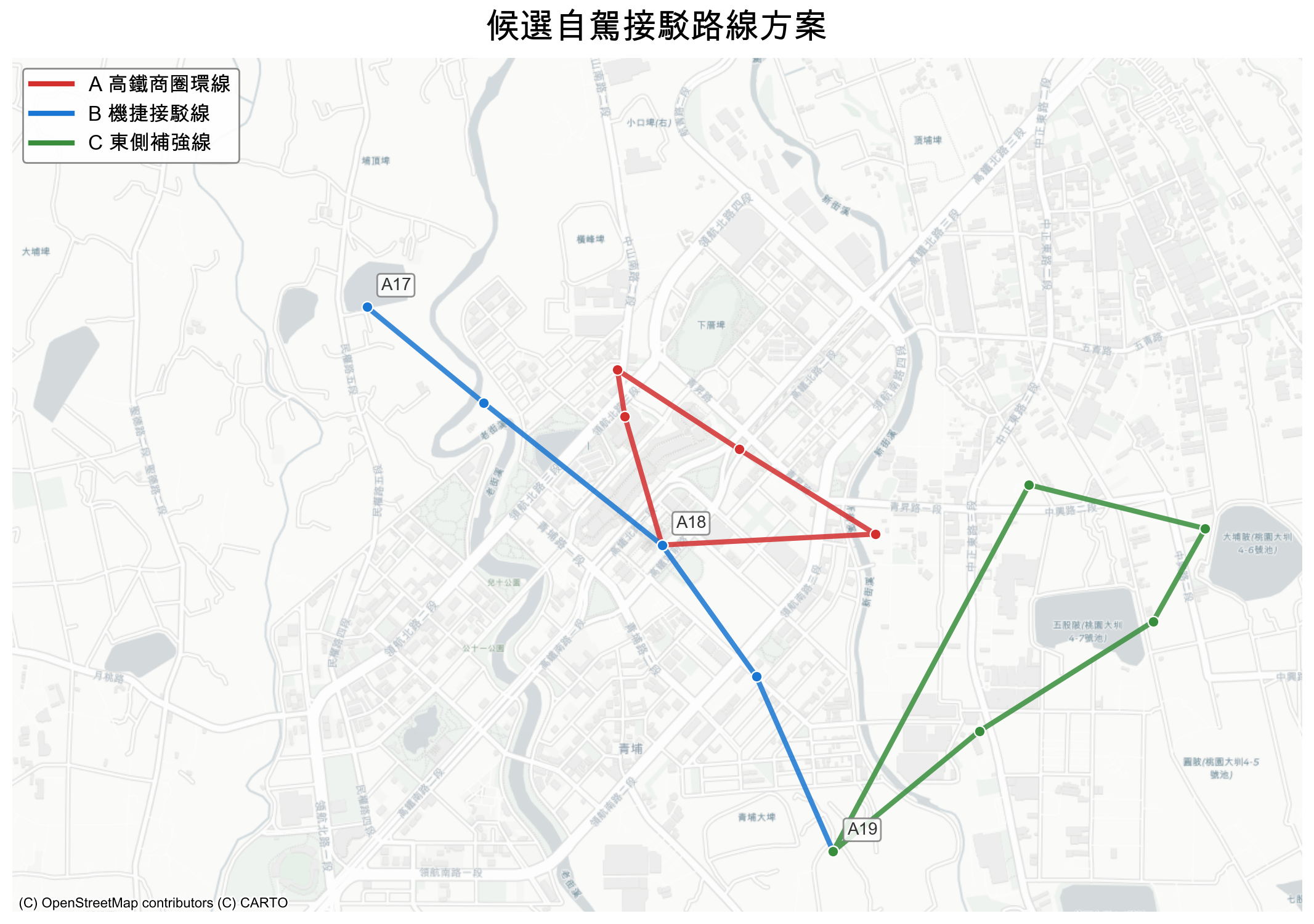 三條候選路線比較圖 - 標示 Route A、B、C 在地圖上的走向